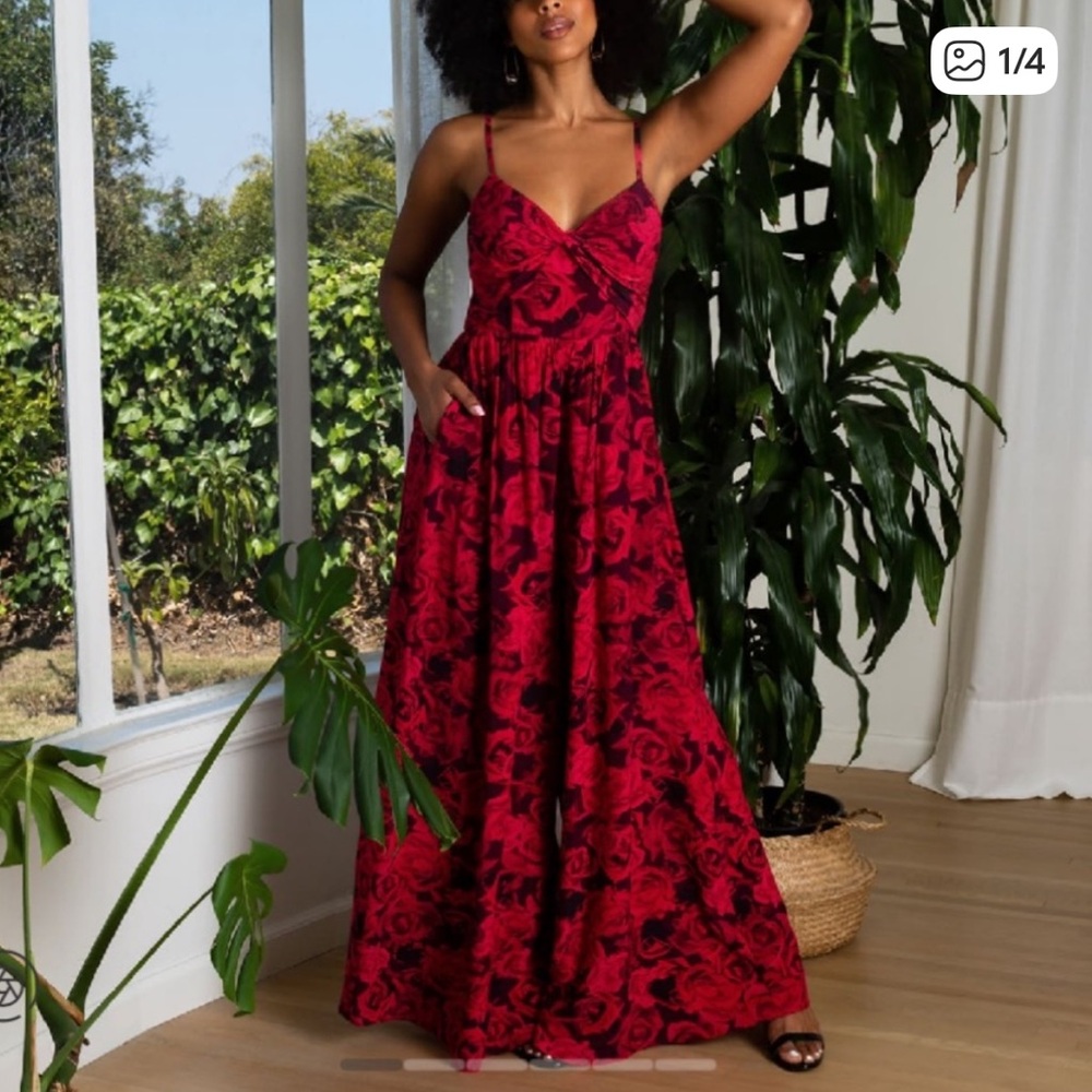 NWT Fame and Partners Red Rose Maxi Jumpsuit